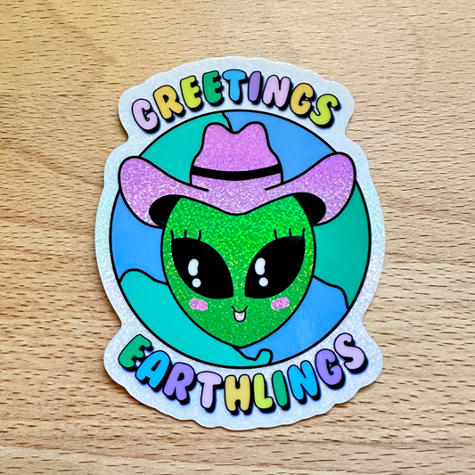 Greeting Earthlings Alien Glitter Dust Rainbow Sticker