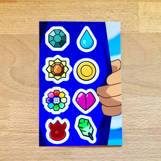 Pokémon Badges Sticker Sheet (Kanto Region Pokemon Badge Stickers) - Waterproof, Scratch Resistant, Kawaii Sticker